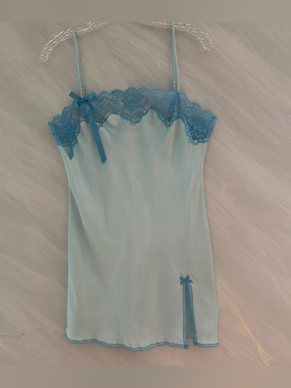 VTG Y2K Victoria's Secret Angels M Aqua Blue Baby Blue Lace Trim Slip Dress Glam